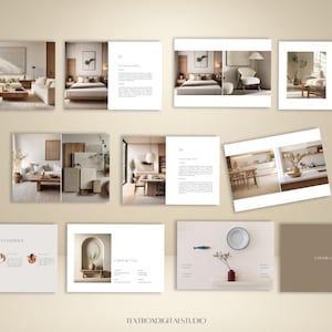 May include: A collection of interior design presentation slides featuring images of modern living spaces, bedrooms, and kitchens. The slides have a minimalist aesthetic with neutral color palettes and include text and graphic elements. The bottom of the image displays the text "TEXTBOXDIGITALSTUDIO".