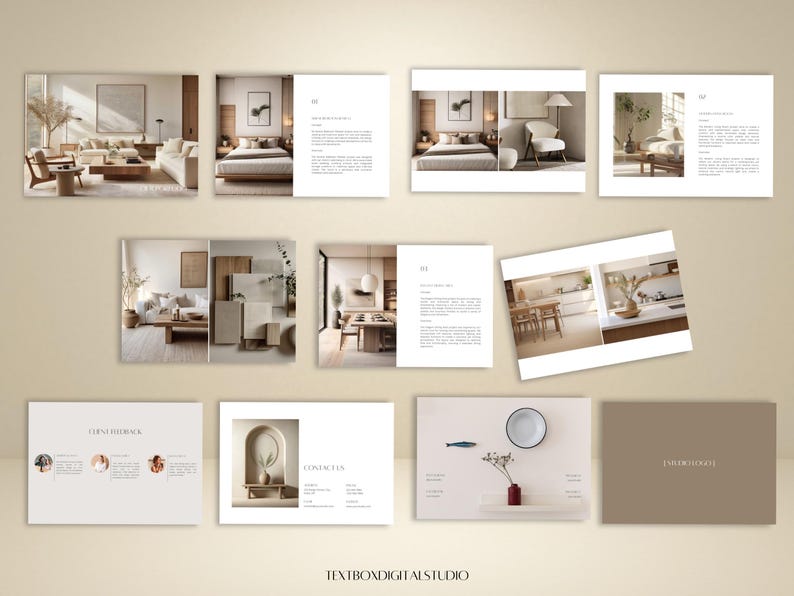 May include: A collection of interior design presentation slides featuring images of modern living spaces, bedrooms, and kitchens. The slides have a minimalist aesthetic with neutral color palettes and include text and graphic elements. The bottom of the image displays the text "TEXTBOXDIGITALSTUDIO".