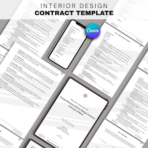 May include: A selection of interior design contract templates, with a tablet and smartphone showing contract details. The text "INTERIOR DESIGN CONTRACT TEMPLATE" is at the top. A Canva logo is visible. The documents are white with black text.