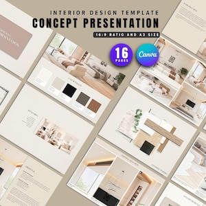 Presentación de conceptos de diseño de interiores, paquete de paneles de inspiración sobre materiales y acabados, plantilla de Canva para diseñadores y arquitectos.