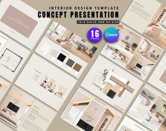 Apresentação de conceito de design de interiores, pacote de moodboard de materiais e acabamentos, modelo Canva para designers e arquitetos.