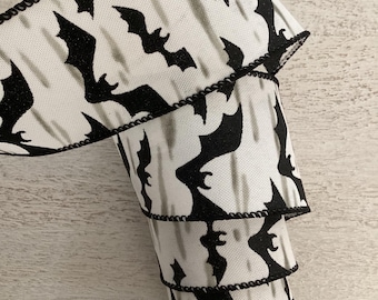 2.5" Halloween Black & White Bats Wired Ribbon, Halloween Wired Ribbon, Bats Wired Ribbon For Wreaths, 5 Yards