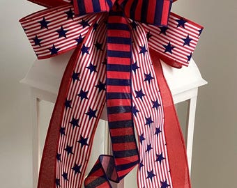 Patriotic Wreath Bow, July 4th Wreath Bow, Red White & Blue Lantern Bow, Labor Day Bow, USA Wreath Bow, Door Hanger Bow, Star Bow
