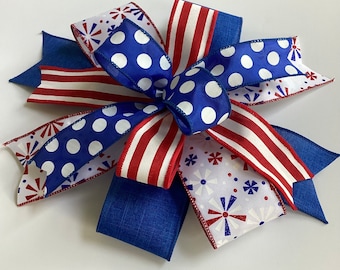 Patriotic Wreath Bow, 4th of July Wreath Bow, Red White & Blue Lantern Bow, Memorial Day Bow, Door Hanger Bow, USA Wreath Bow