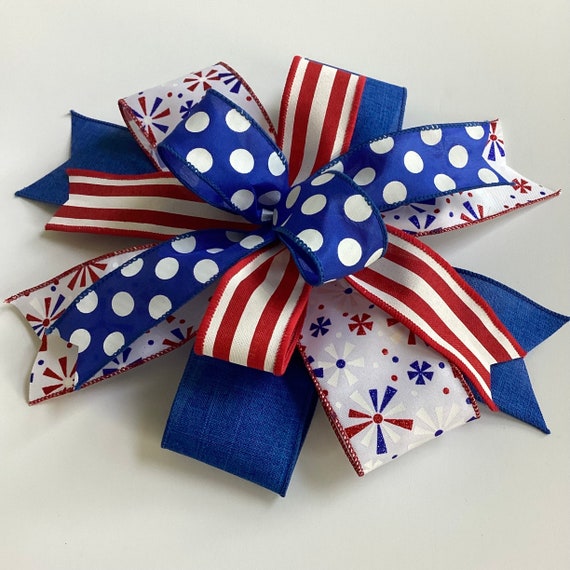Patriotic Wreath Bow, 4th of July Wreath Bow, Red White & Blue Lantern Bow, Memorial Day Bow, Door Hanger Bow, USA Wreath Bow