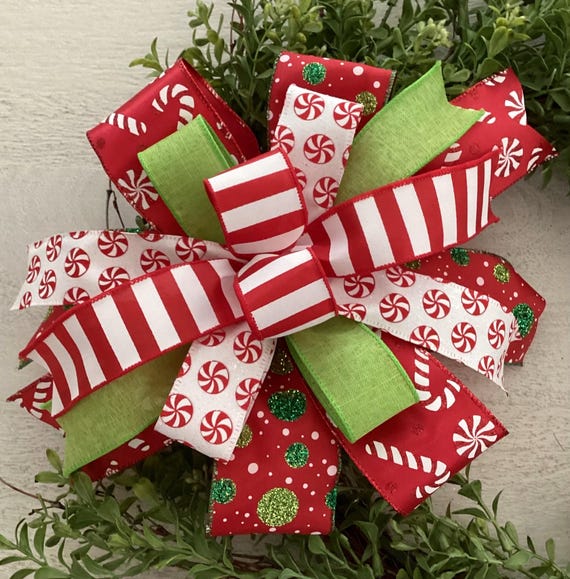 Red and Green Christmas Wreath Bow, Christmas Wreath Bow, Christmas Candy Cane Lantern Bow, Wreath Embellishment, Door Hanger Bow