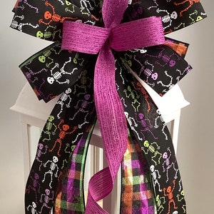 Halloween Skeleton Wreath Bow, Purple and Black Wreath Bow, Halloween Lantern Bow, Wreath Bow, Door Hanger Bow, Halloween Plaid Bow