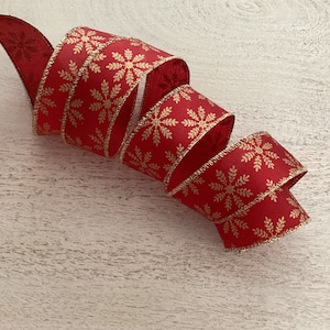 1.5&quot; Snowflake Christmas Wired Ribbon, Burnt Red and Gold Snowflake Wired Ribbon, Wired Ribbon For Wreaths, 5 Yards