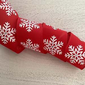 2.5&quot; Red and White Snowflake Christmas Wired Ribbon, Red and White Christmas Wired Ribbon, Wired Ribbon For Wreaths, 5 Yards