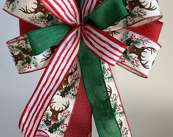 Christmas Deer and Holly Print Wreath Bow, Christmas Wreath Bow, Christmas Lantern Bow, Door Hanger Bow, Christmas Tree Topper