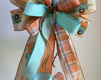 Fall Wreath Bow, Thanksgiving Wreath Bow, Fall Lantern Bow, Wreath Embellishment, Door Hanger Bow, Orange & Aqua Truck Bow With Pumpkins