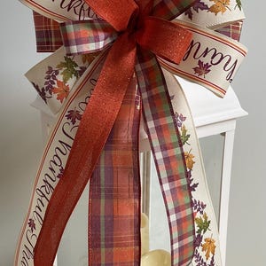 Fall Leaves Wreath Bow, Thanksgiving Wreath Bow, Fall Thankful Lantern Bow, Wreath Embellishment, Door Hanger Bow, Plum and Rust Autumn Bow