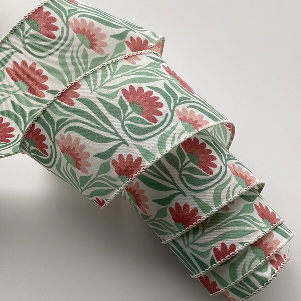 2.5" Peach and Green Floral Print Wired Ribbon, Floral Wired Ribbon, Wired Ribbon For Wreaths, 5 Yards