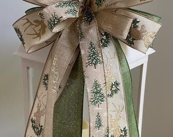 Christmas Reindeer Wreath Bow, Reindeer Lantern Bow, Wreath Embellishment, Door Hanger Bow, Christmas Decor, Green & Beige Christmas Bow