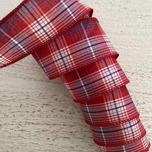 1.5" Patriotic Plaid Wired Ribbon, Red White & Blue Wired Ribbon, 4th of July Wired Ribbon For Wreaths, 5 Yards