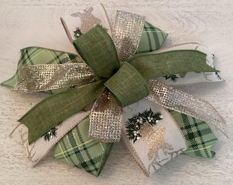 Christmas Reindeer Wreath Bow, Christmas Wreath Bow, Christmas Lantern Bow, Door Hanger Bow, Christmas Decor, Green & Gold Christmas Bow