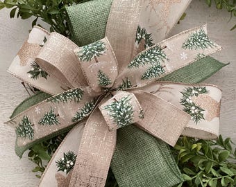 Christmas Reindeer Wreath Bow, Christmas Wreath Bow, Christmas Lantern Bow, Door Hanger Bow, Christmas Decor, Green & Beige Christmas Bow