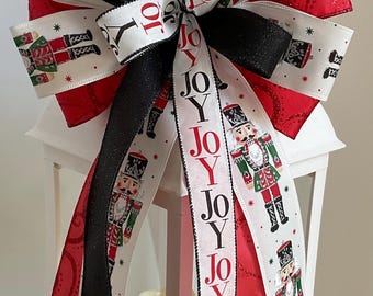 Christmas Nutcracker Wreath Bow, Joy Lantern Bow, Wreath Embellishment, Door Hanger Bow, Christmas Decor, Christmas Red and Black Bow