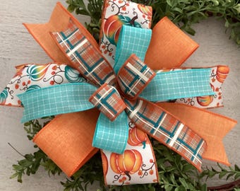 Fall Wreath Bow, Thanksgiving Wreath Bow, Fall Lantern Bow, Wreath Embellishment, Door Hanger Bow, Autumn Bow Decor, Aqua & Orange Bow
