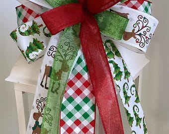 Whimsical Christmas Wreath Bow, Red and Green Christmas Wreath Bow, Christmas Lantern Bow, Door Hanger Bow, Christmas Tree Topper