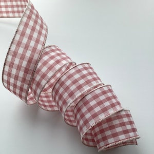 1.5&quot; Mauve and Ivory Check Wired Ribbon, Summer Check Wired Ribbon, Wired Ribbon For Wreaths, 5 Yards