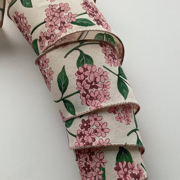 2.5" Hydrangea Print Wired Ribbon, Floral Wired Ribbon, Wired Ribbon For Wreaths, 5 Yards