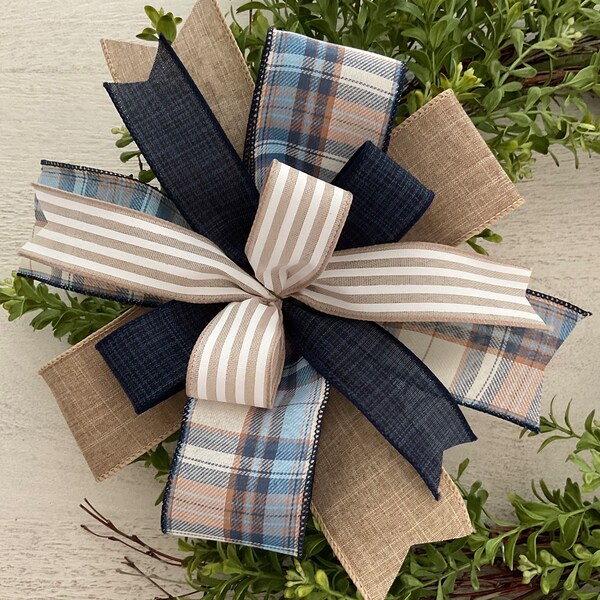 Navy Blue and Tan Plaid Wreath Bow,  Everyday Wreath Bow,  Lantern Bow, Wreath Embellishment, Door Hanger Bow, Farmhouse Bow