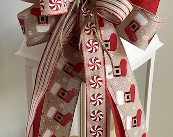 Christmas Wreath Bow, Peppermint Print Wreath Bow,  Lantern Bow, Wreath Embellishment, Door Hanger Bow, Christmas Decor, Christmas Bow