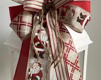 Christmas Wreath Bow, Santa Print Wreath Bow, Red Beige Lantern Bow, Wreath Embellishment, Door Hanger Bow, Christmas Decor, Christmas Bow
