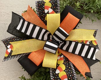 Halloween Wreath Bow, Candy Corn Wreath Bow, Halloween Lantern Bow, Wreath Embellishment, Door Hanger Bow, Halloween Orange & Black Bow