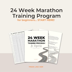 May include: A stack of white paper documents with the text "24 Week Marathon Training Program for beginners... START HERE!". The documents include a training schedule and a road graphic.