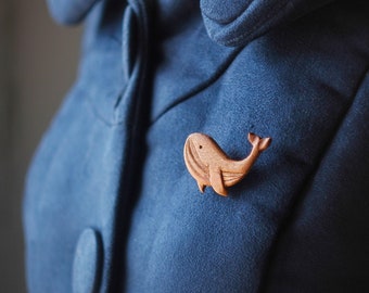 Wooden Whale Pin Badge Brooch - Handmade and hand carved wooden pins - Cute funny animal characters for clothes, jeans and bags