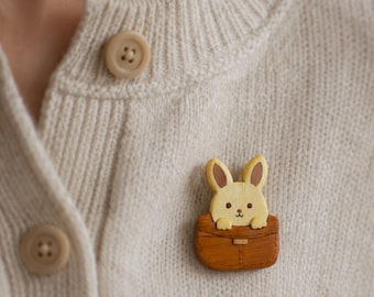Hand Carved Bunny in a pocket Pin or Charm - Handmade Rabbit Accessory