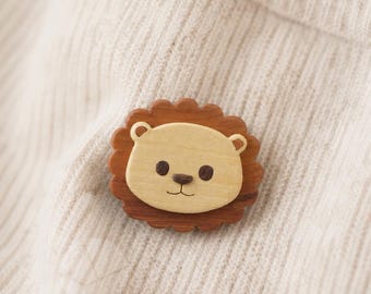 Wooden Lion Pin Brooch or Charm, Handmade Lion Face Accessory, Natural Yew Bitter Orange Walnut Wood, Cute Animal Gift