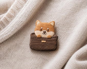 Wooden Puppy in Basket Pin Brooch or Bag Charm, Shiba Inu Handmade Dog Accessory