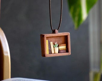 Portable Bookshelf Necklace | Handmade Wood pendent and handcrafted jewellery