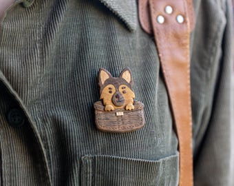 German Shepherd Pin Brooch or Bag Charm - Wooden Puppy in Basket -  Handmade Dog Accessory