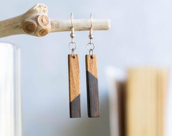 Natural Wood Earrings – Two Tone Dangle Contemporary style - Minimalist Scandinavian vibe - Handcrafted Lightweight Nature Inspired Jewelry