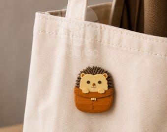 Hedgehog In a Bag Pin or Charm - Hand Carved Woodland Hedgehog Accessory