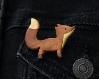Handmade Wooden Fox Pin | Small Carved Animal Brooch for Clothes, Jeans & Bags