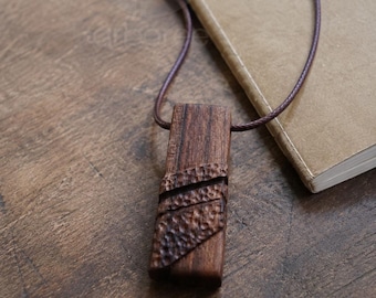 Brutalist Wooden Necklace, Hand Carved Walnut pendent for Men, Geometric Minimalist Jewelry, Artisan Gift for Him