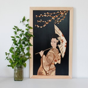 Elegant Geisha Wood Art | Handmade Marquetry  Artwork | Exotic Wood 3D Inlay | Traditional Japanese Lady | Wood Wall Hanging Art