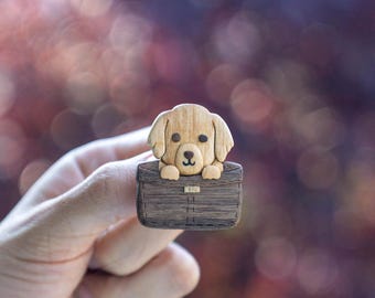 Golden Retriever in Basket Pin Brooch or Bag Charm, Small Handmade Puppy Accessory