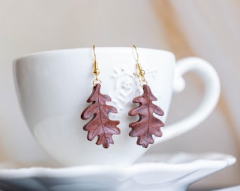 Handmade Oak Leaf Earrings – Wooden Autumn Jewelry, Nature Inspired Fall Accessory, Lightweight Natural Gift for Her