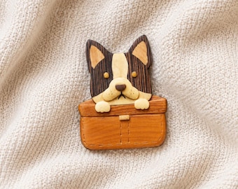 Wooden Bulldog in Basket Pin Brooch or Bag Charm, Handmade Puppy Accessory