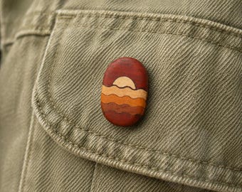 Hand Carved Ocean Sunset Pin brooch - Ocean Horizon Made from 6 Types of Wood