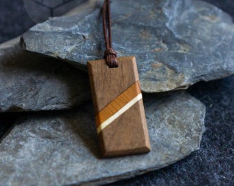 Axis No. 01 Geometric Wood Pendant Necklace, Walnut Inlay Jewelry, Modern Unisex Necklace