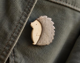 Hand Carved Wooden Hedgehog Pin or Bag Charm, Walnut & Bitter Orange Wood, Woodland Animal Gift, Nature Lover Accessory