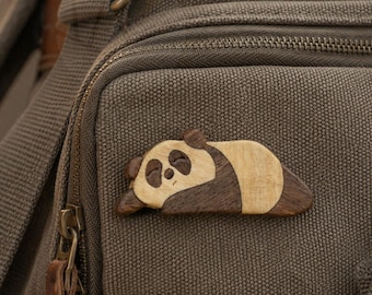 Lazy Panda Brooch - Handmade Wood Animal Pin Badge for Bags & Jackets | Minimal Panda Gift