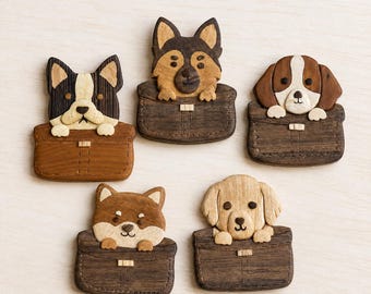 Wooden Dog Pins - Puppy in a Basket Brooch and Bag Charm - Handmade Dog Accessory